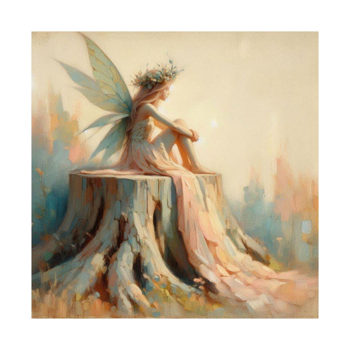 Ethereal Fairy Sitting on a Tree Stump in Misty Light Poster - Image 6