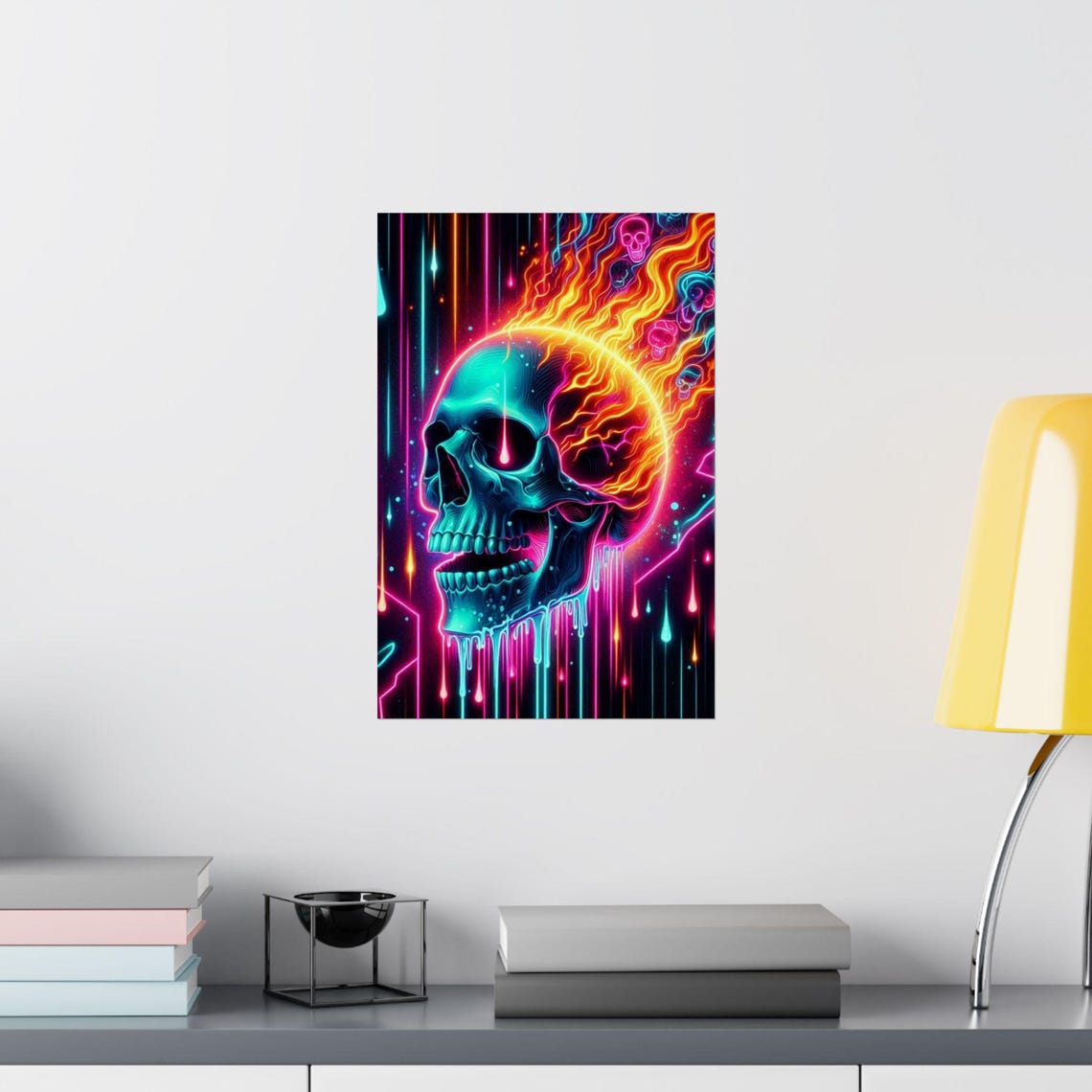Neon Flaming Skull with Melting Drips on Dark Background Poster