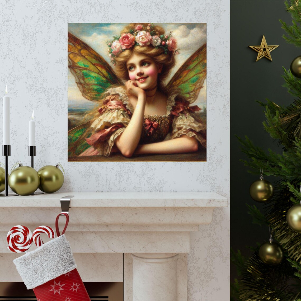 Vintage Style Fairy Portrait with Rose Crown and Butterfly Wings Poster - Image 3