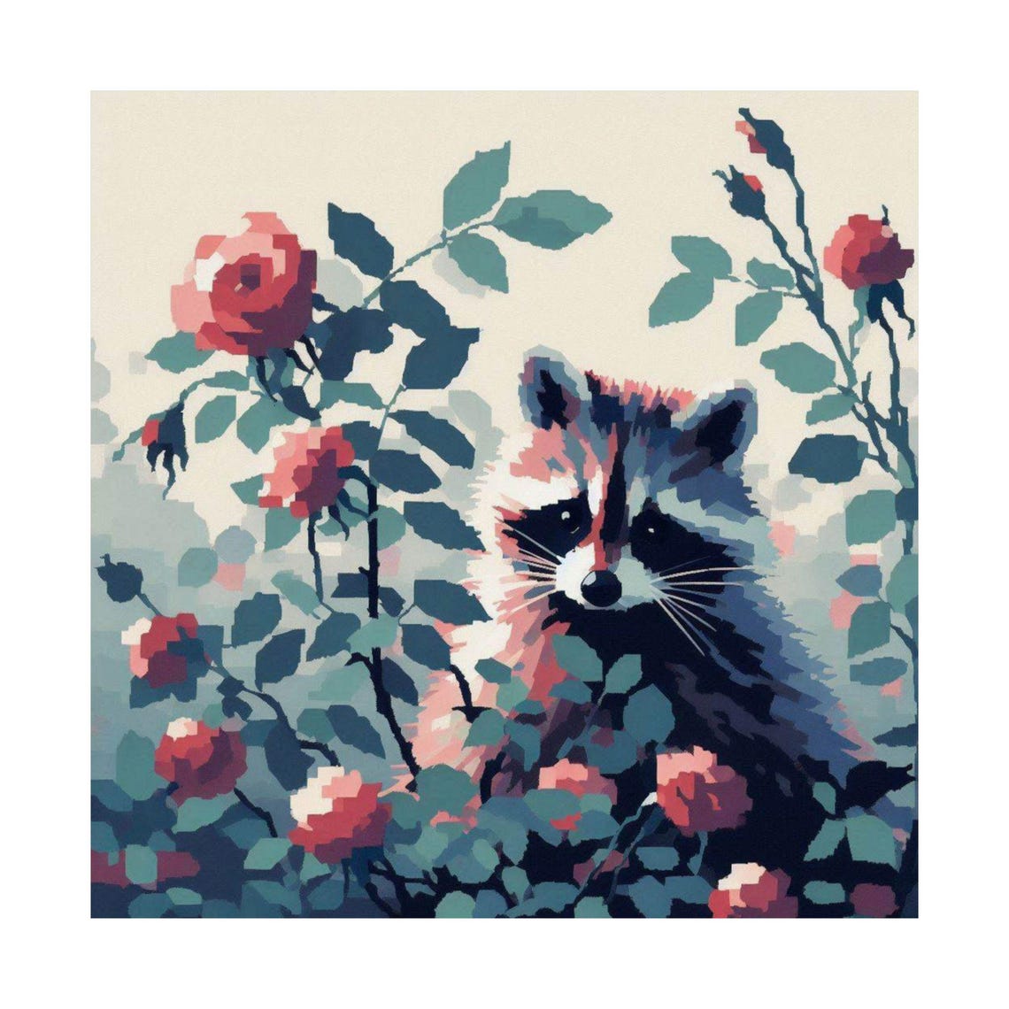 Curious Raccoon Peeking Through Red Rose Blooms Botanical Poster - Image 6