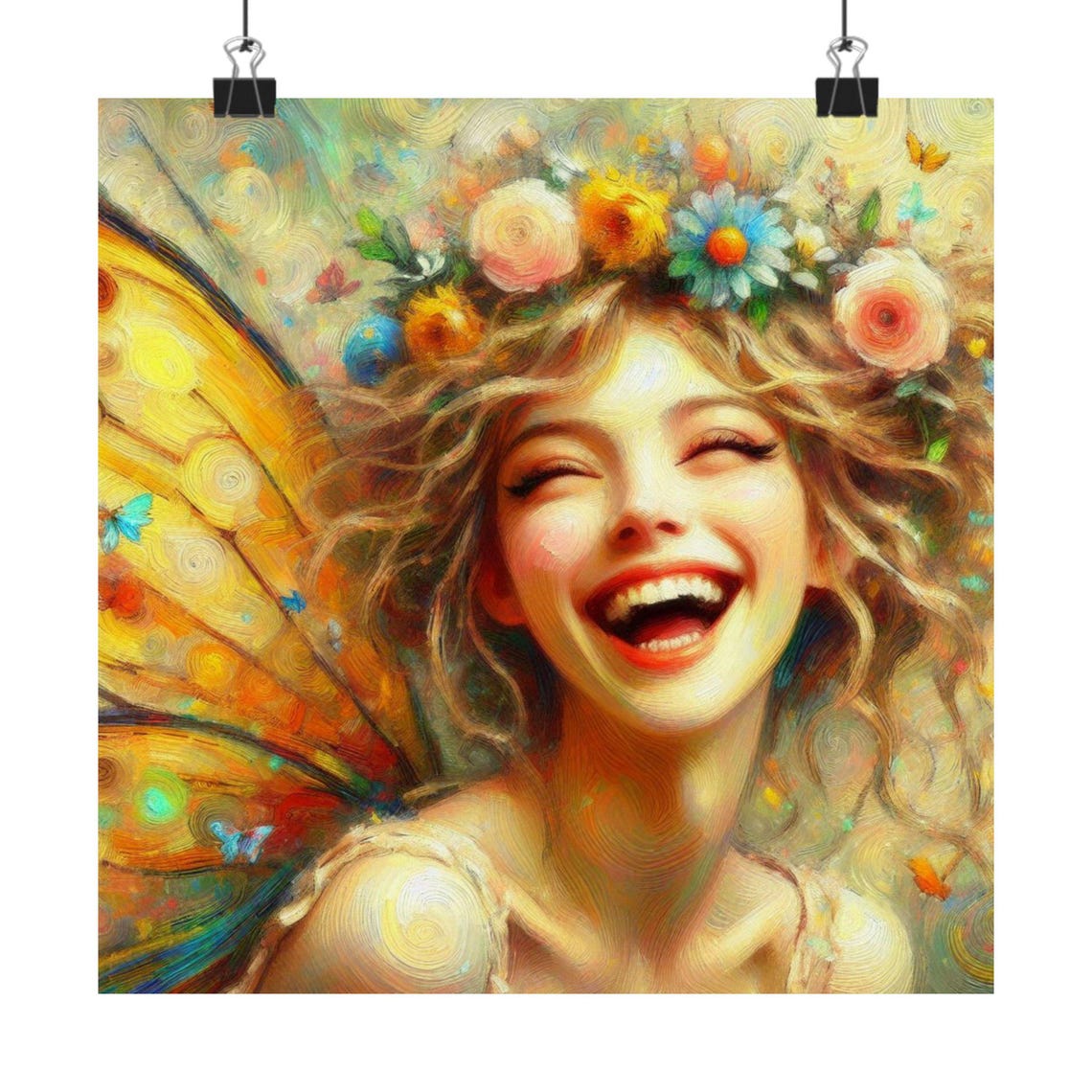 Laughing Fairy with Flower Crown and Butterfly Wings Art Poster