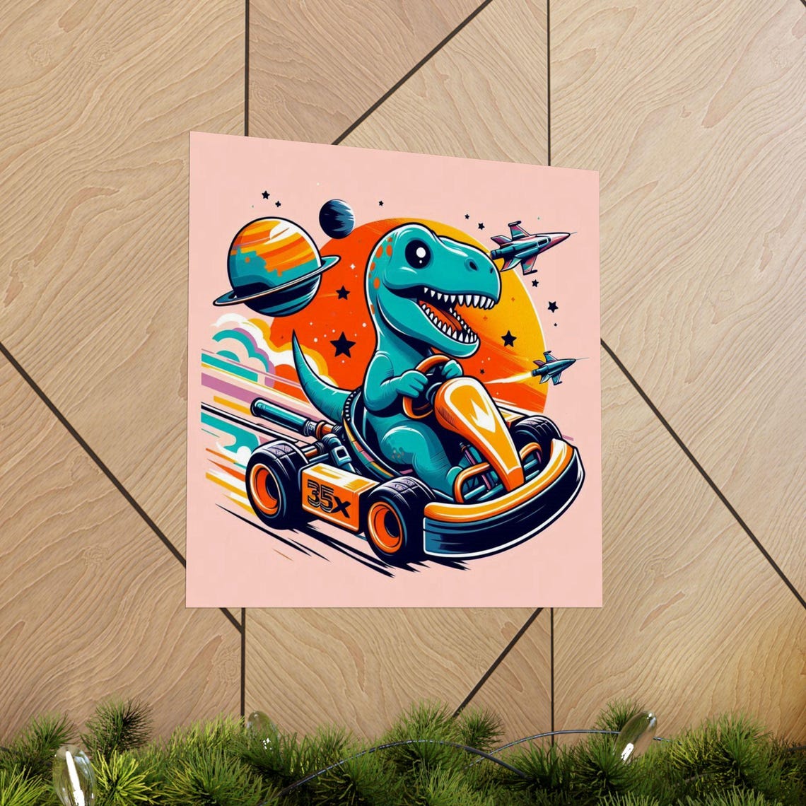 Cheerful Dinosaur Racing a Go Kart Through Outer Space Art Poster - Image 5