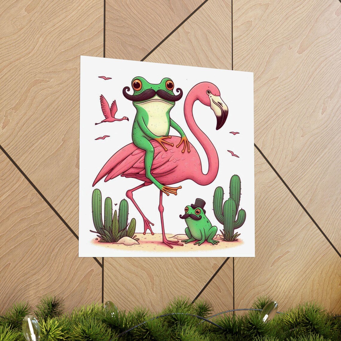 Mustachioed Frog Riding a Pink Flamingo in the Desert Poster