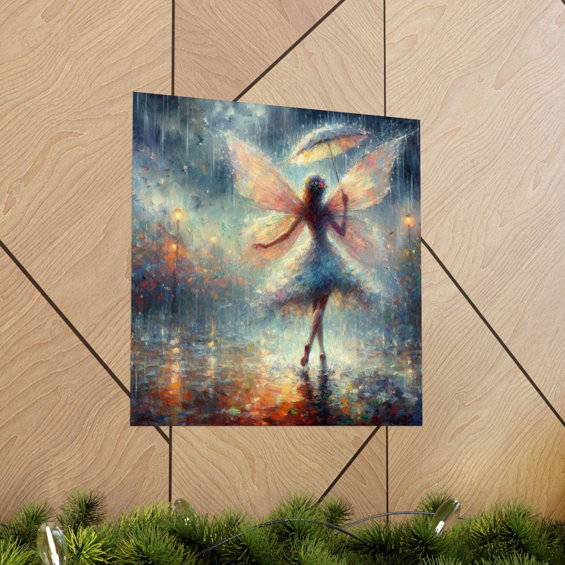 Fairy Dancing in Rain Twirling Umbrella Night Fantasy Art Poster - Image 5