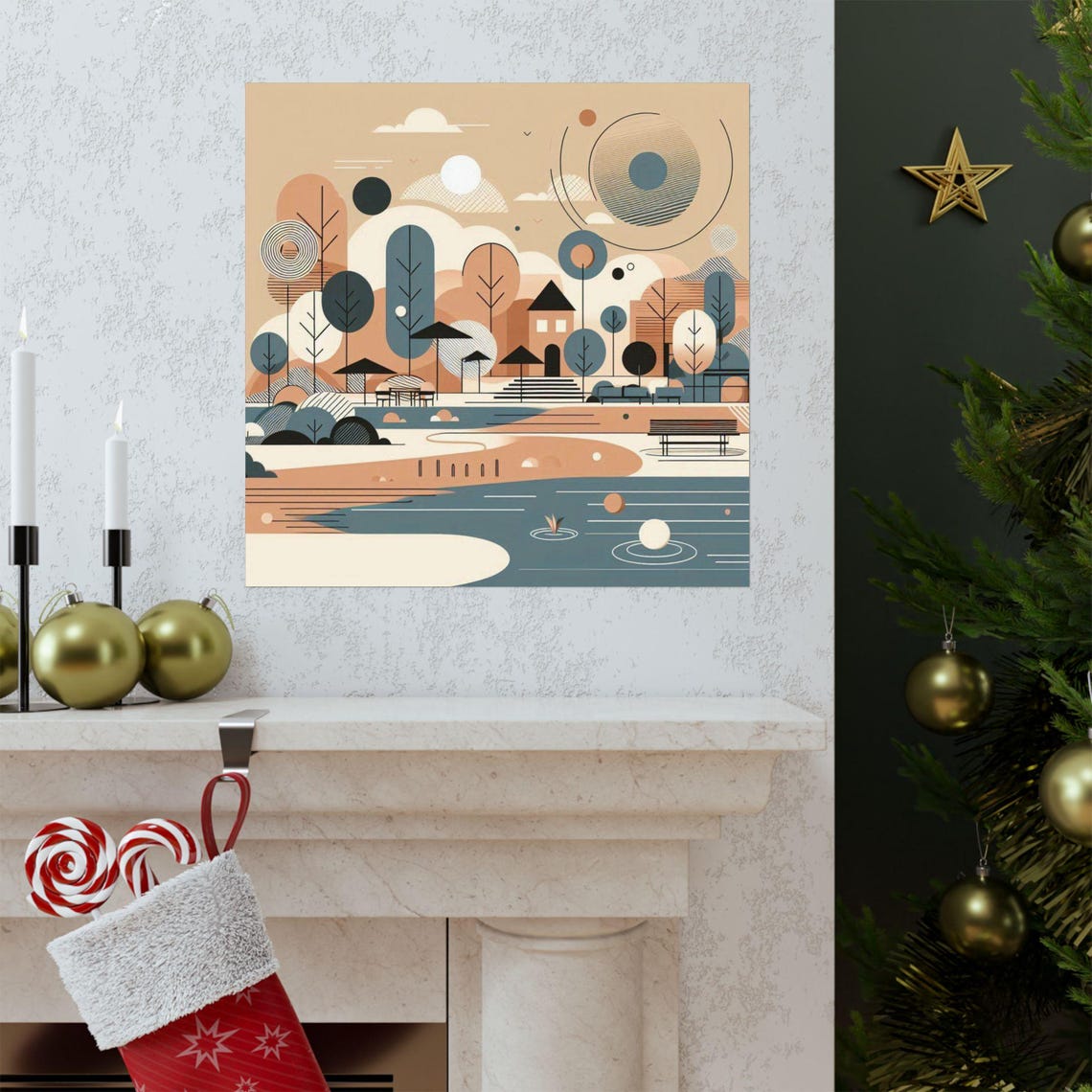 Geometric Abstract Park by the Lake in Warm Earth Tones Poster - Image 3