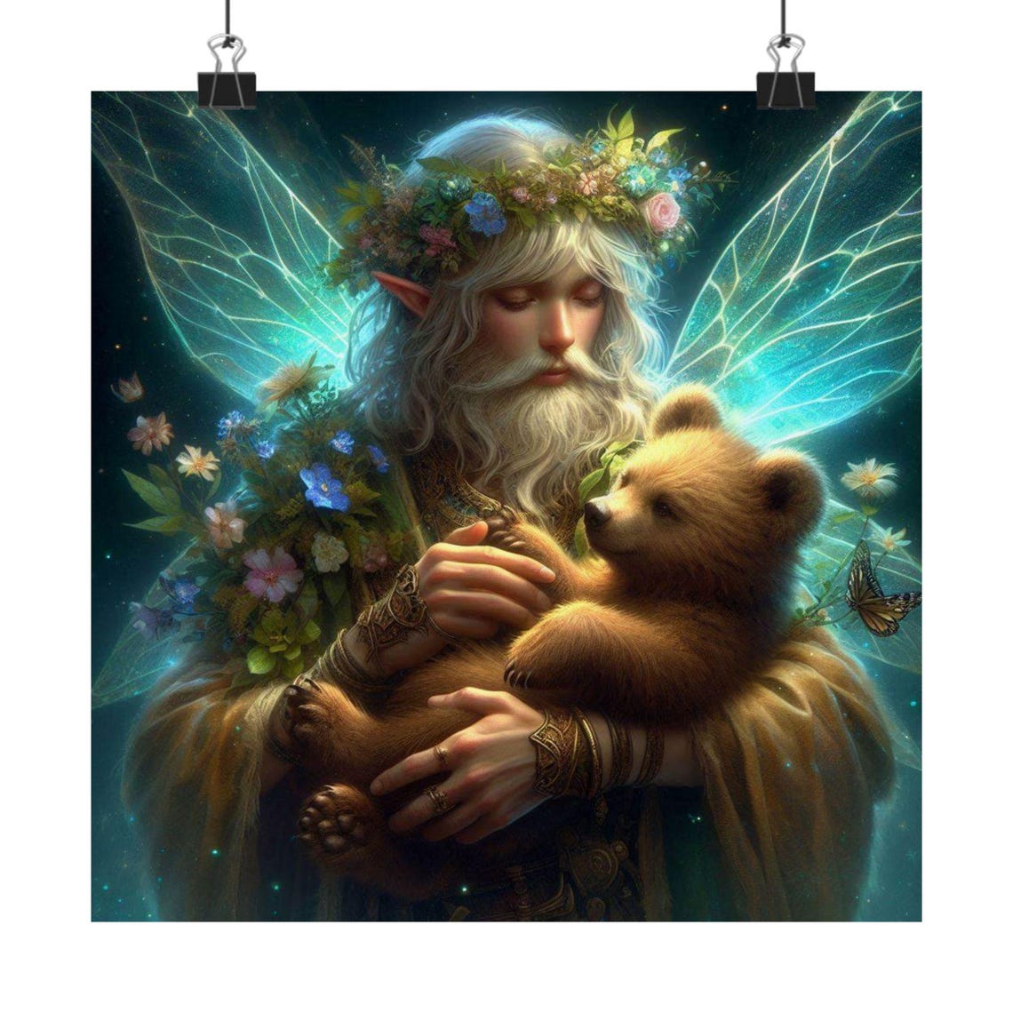 Elder Elf Fairy Guardian Holding a Bear Cub Forest Magic Poster - Image 7