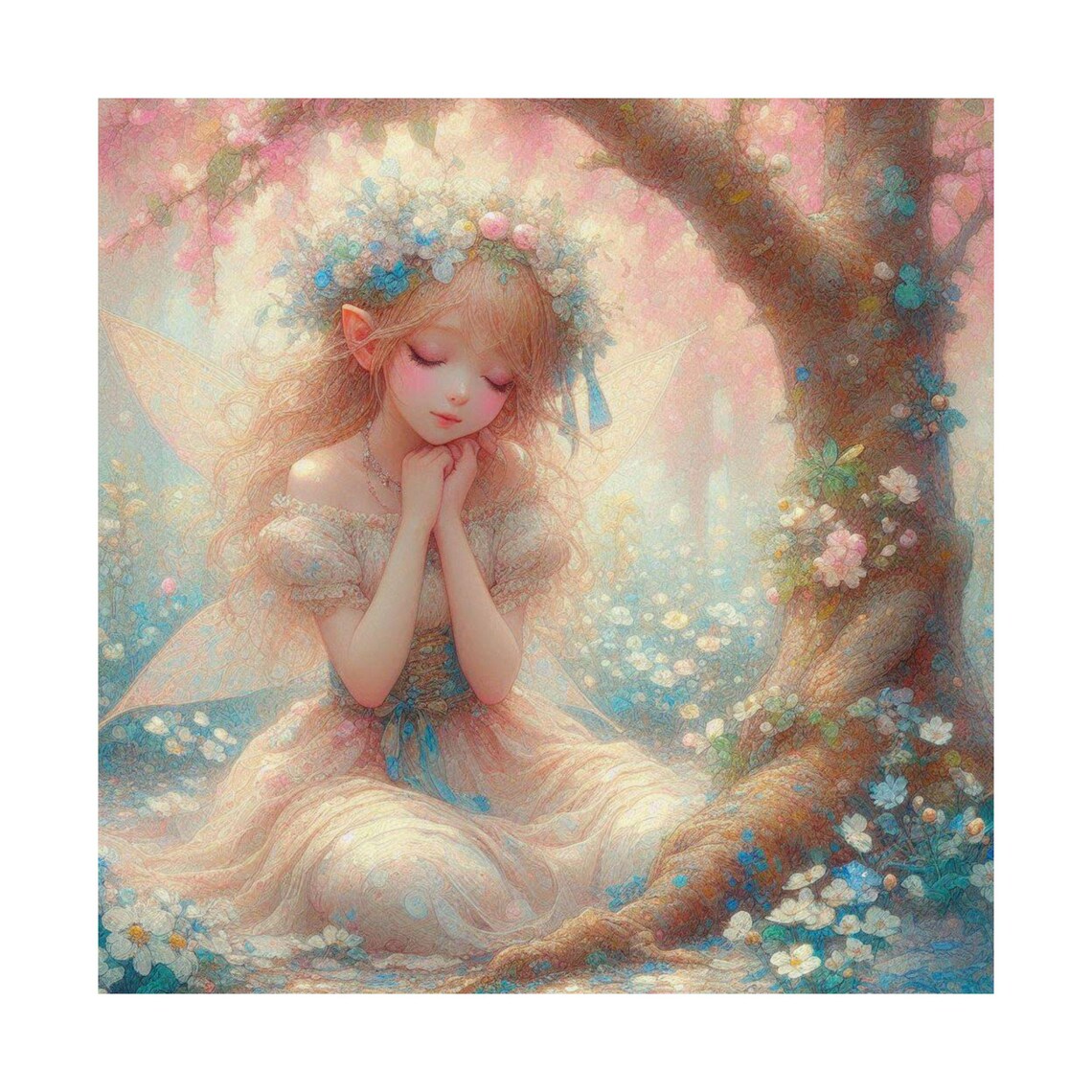 Pastel Fairy Girl Resting under Blossom Tree Spring Art Poster - Image 7