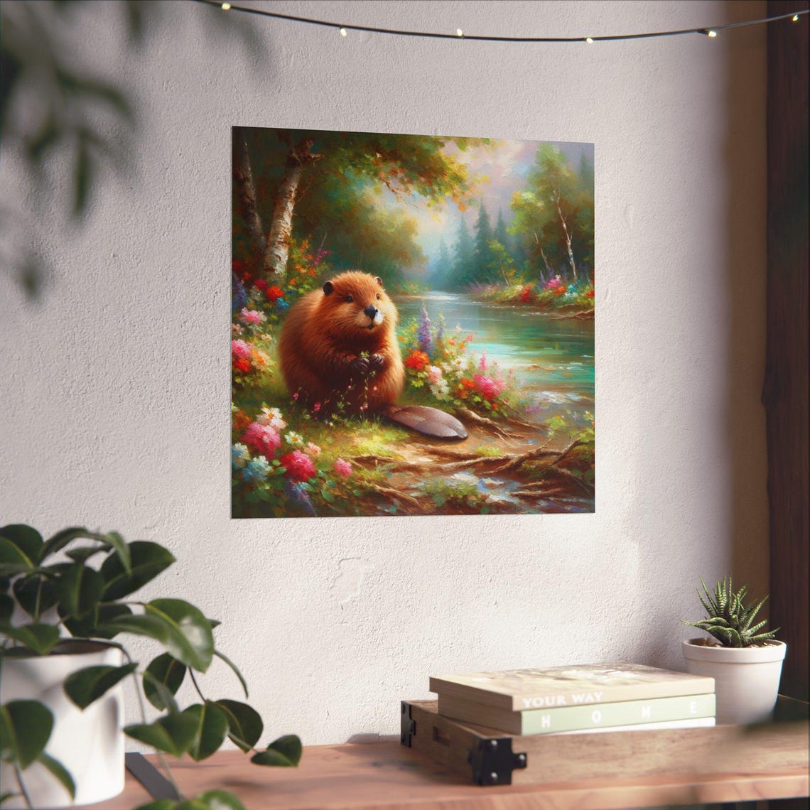 Cute Chubby Beaver Sitting by Forest River Wildflower Art Poster - Image 4
