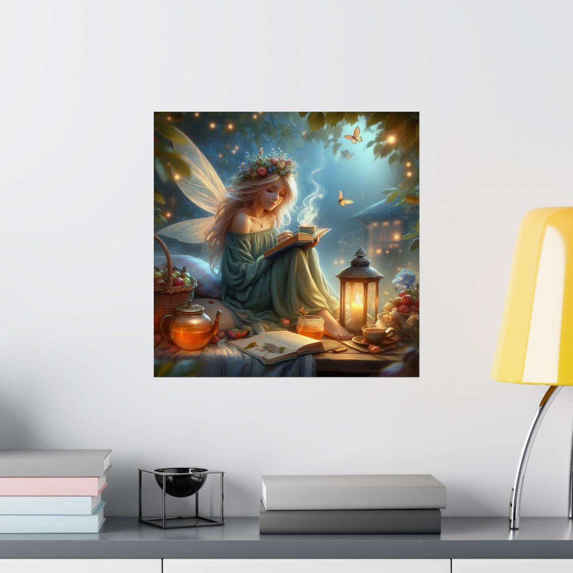 Fairy Reading with Tea by Lanternlight Cozy Night Book Lover Poster - Image 2