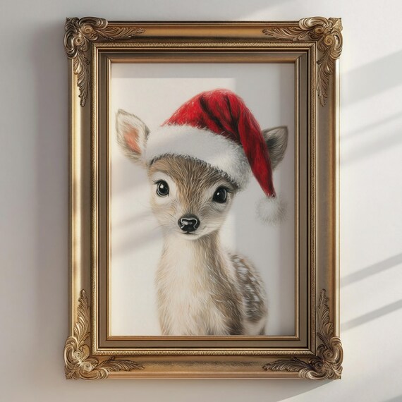 Baby Fawn Santa Hat Watercolor Christmas Portrait Art Poster