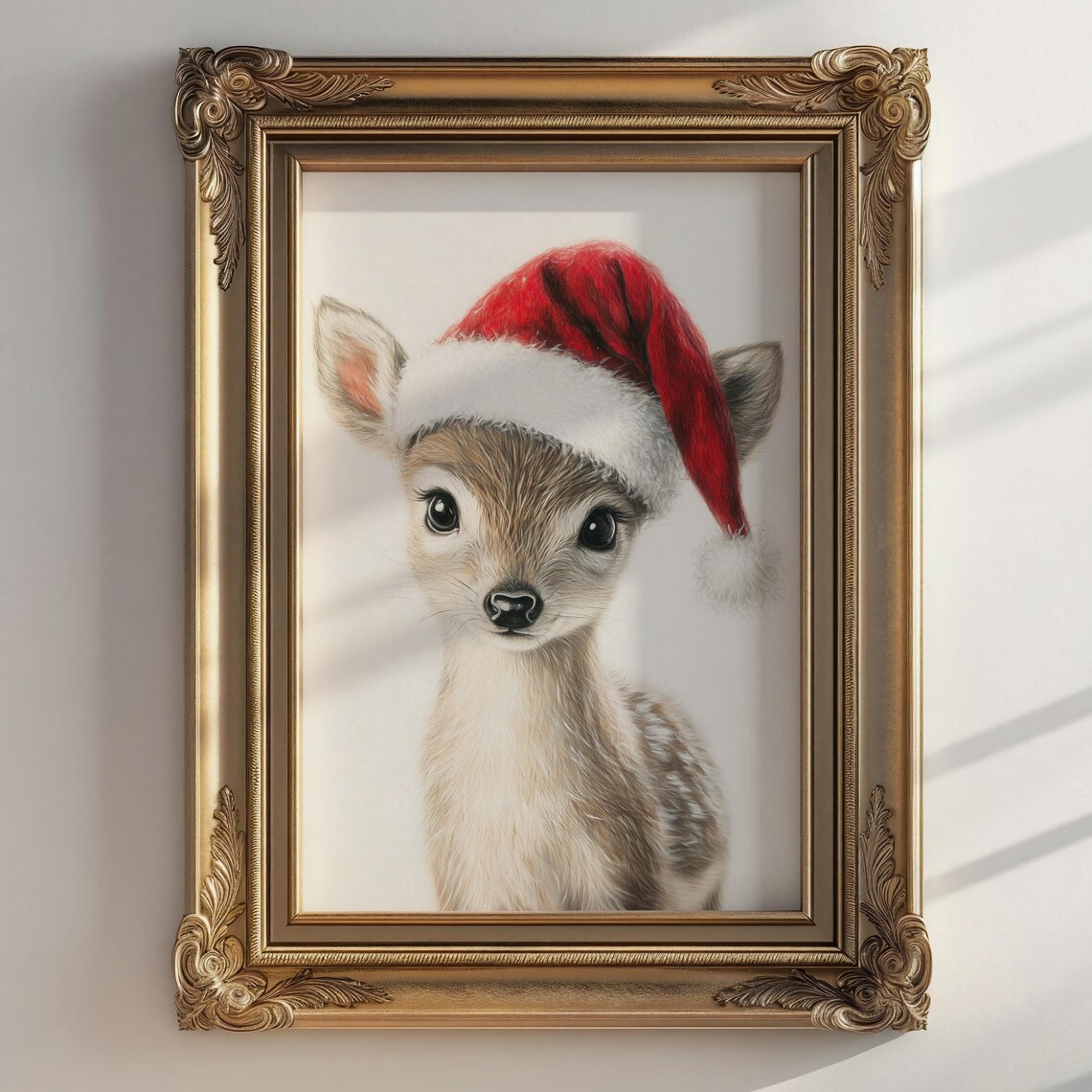Baby Fawn Santa Hat Watercolor Christmas Portrait Art Poster