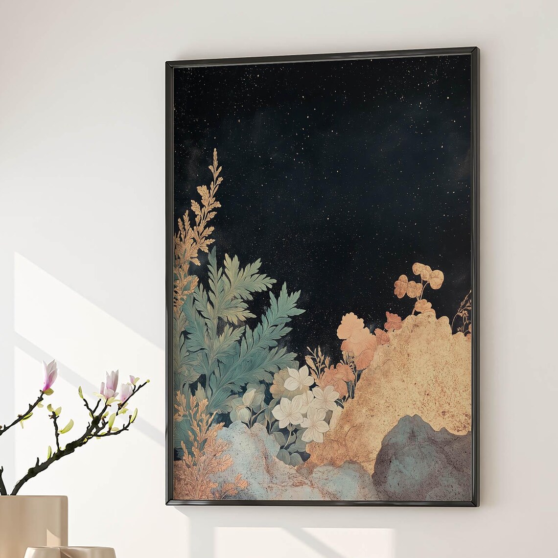 Celestial Botanical Garden Moonlit Night Sky Floral Vintage Wall Art