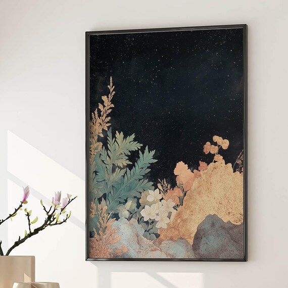 Celestial Botanical Garden Moonlit Night Sky Floral Vintage Wall Art