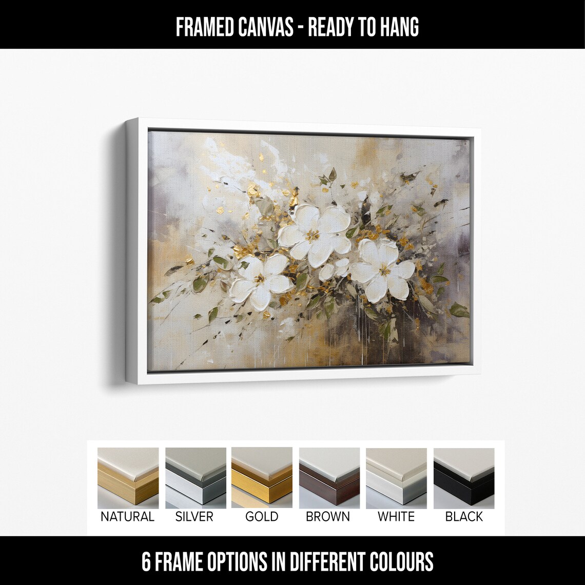 White Blossom Gold Leaf Cream Background Romantic Floral Wall Art - Image 4