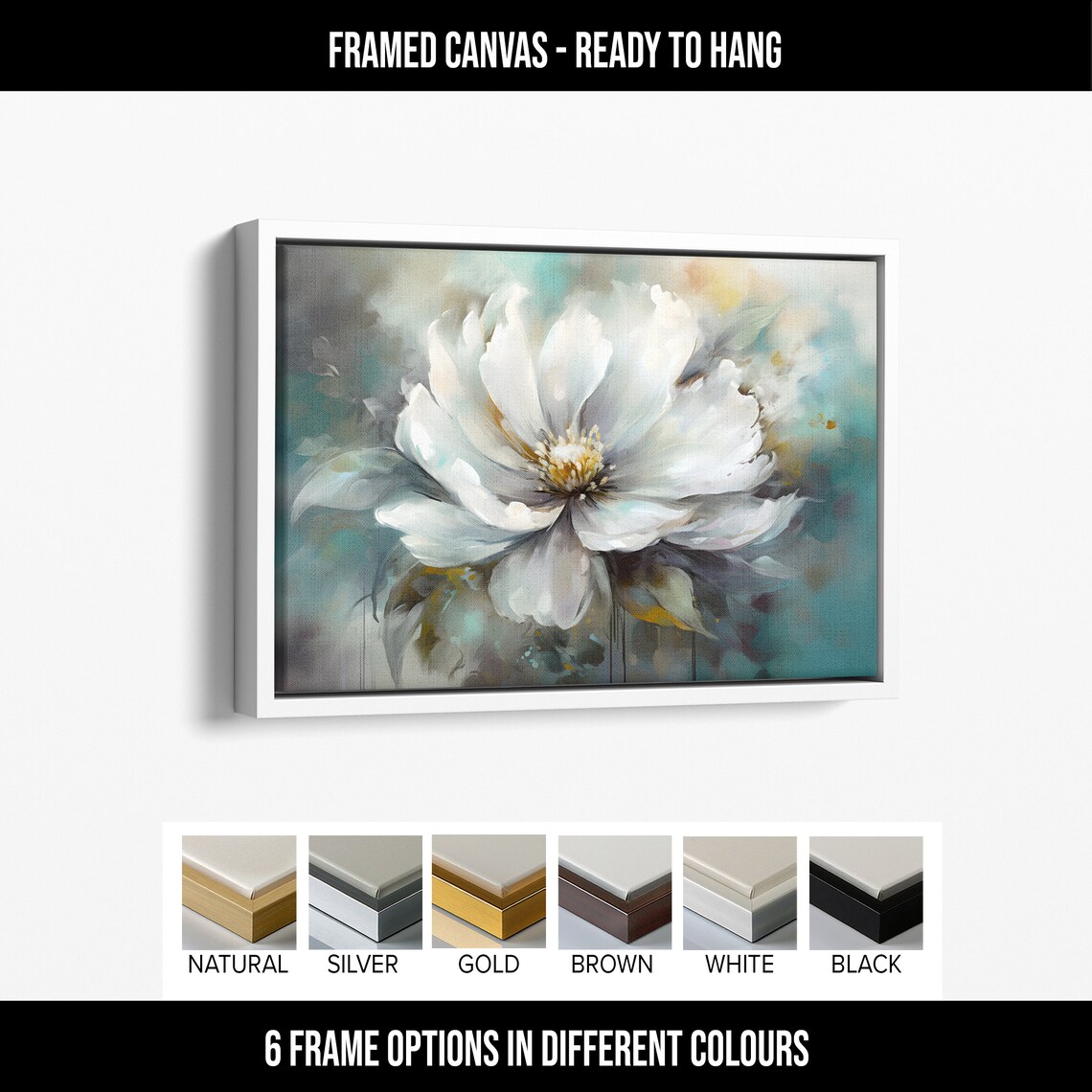 White Peony In Blue Grey Soft Impressionist Floral Painting Wall Art - Image 4