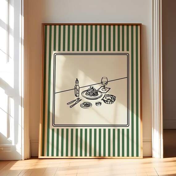 Italian Food Wall Art Print Pasta Dinner Still Life Green Striped Kitchen Decor Hand Drawn Dining Room Poster Italy Lover Gift