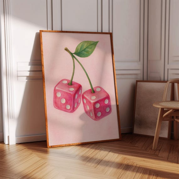 Cherry Dice Wall Art Preppy Pink Coquette Bedroom Decor For Teen Girls Cute College Apartment Watercolor Y2k Retro