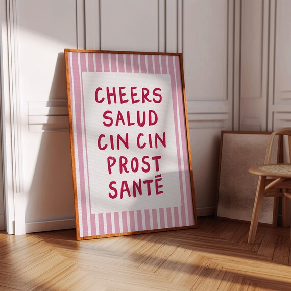 Cheers In Five Languages Pink Stripe Bar Cart Party Quote Wall Print