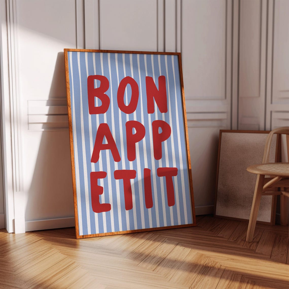 Bon Appetit Red Text Blue Striped French Kitchen Typography Wall Art