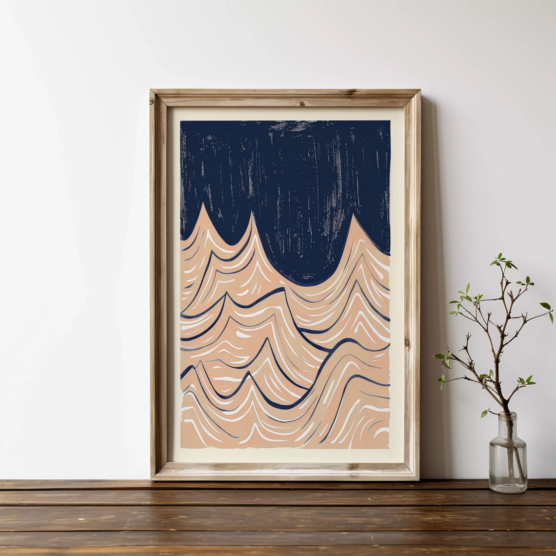 Abstract Navy Blue Beige Ocean Wave Minimalist Coastal Poster - Image 2
