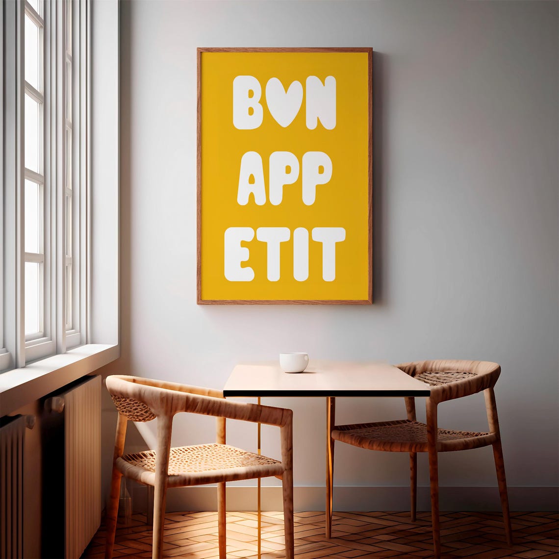 Bon Appetit White Bubble Letters Mustard Yellow Kitchen Saying Poster - Image 2
