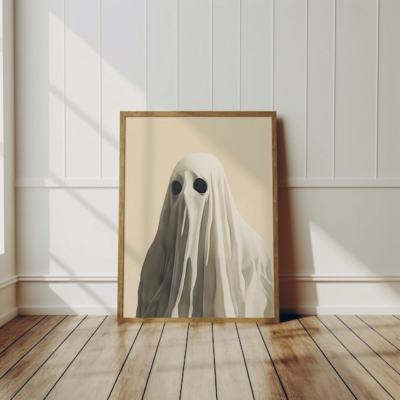 Cute Sheet Ghost Portrait Minimal Halloween Beige Art Poster