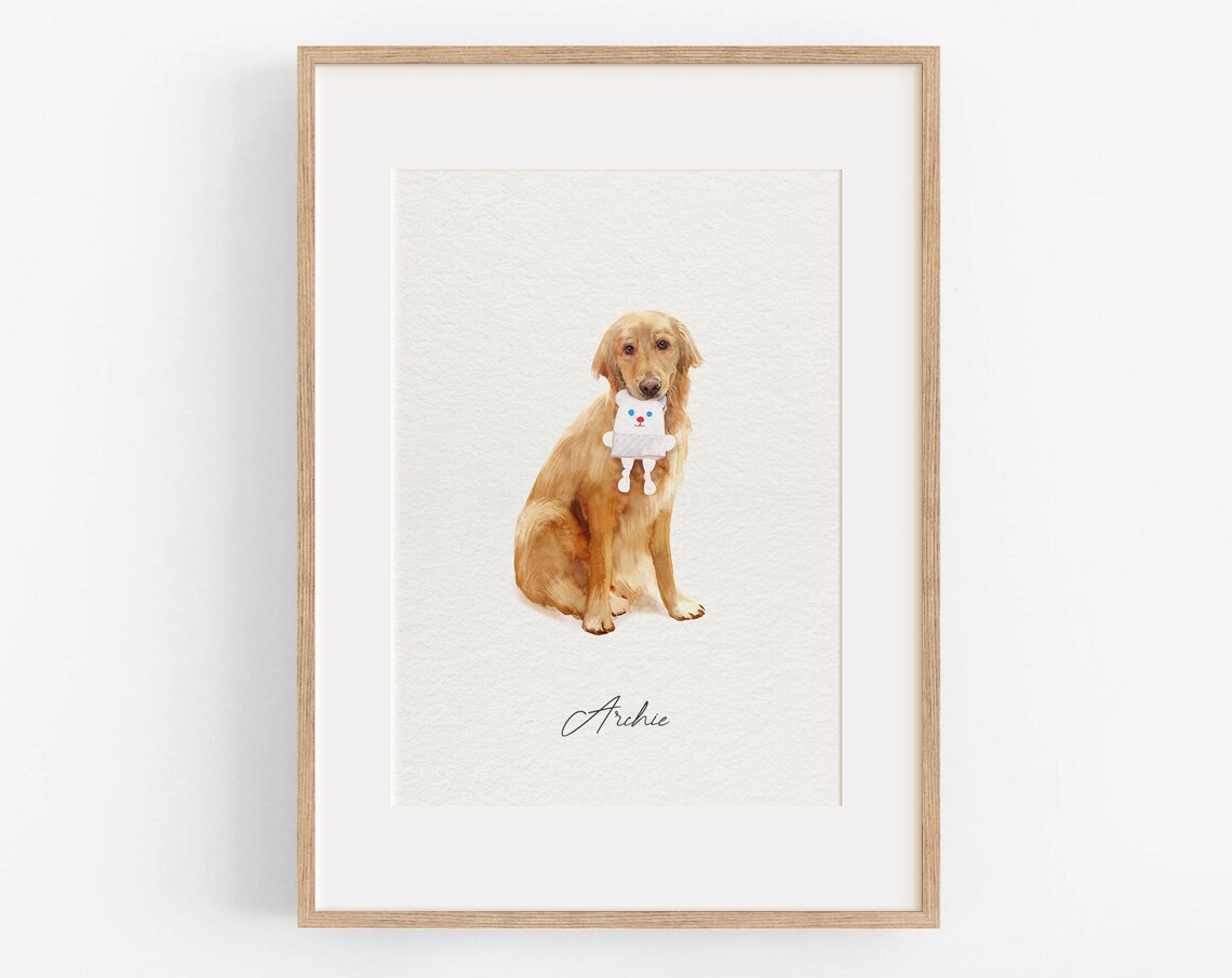 Archie Golden Retriever with Lamb Toy Watercolor Pet Portrait Poster
