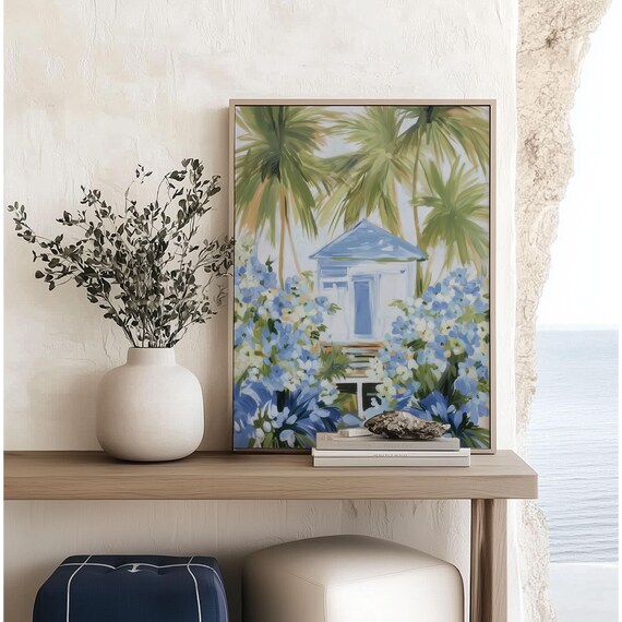 Blue Beach Hut Hydrangea Palm Tree Breezy Coastal Painting Poster