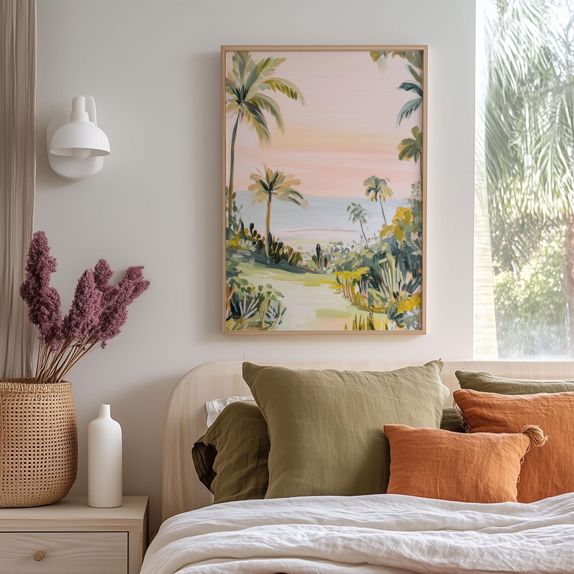 Pastel Beach Sunset, Tropical Palm Tree Art Print