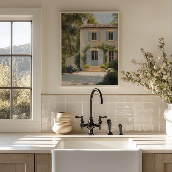 French Countryside Villa Print Mediterranean Landscape Illustration