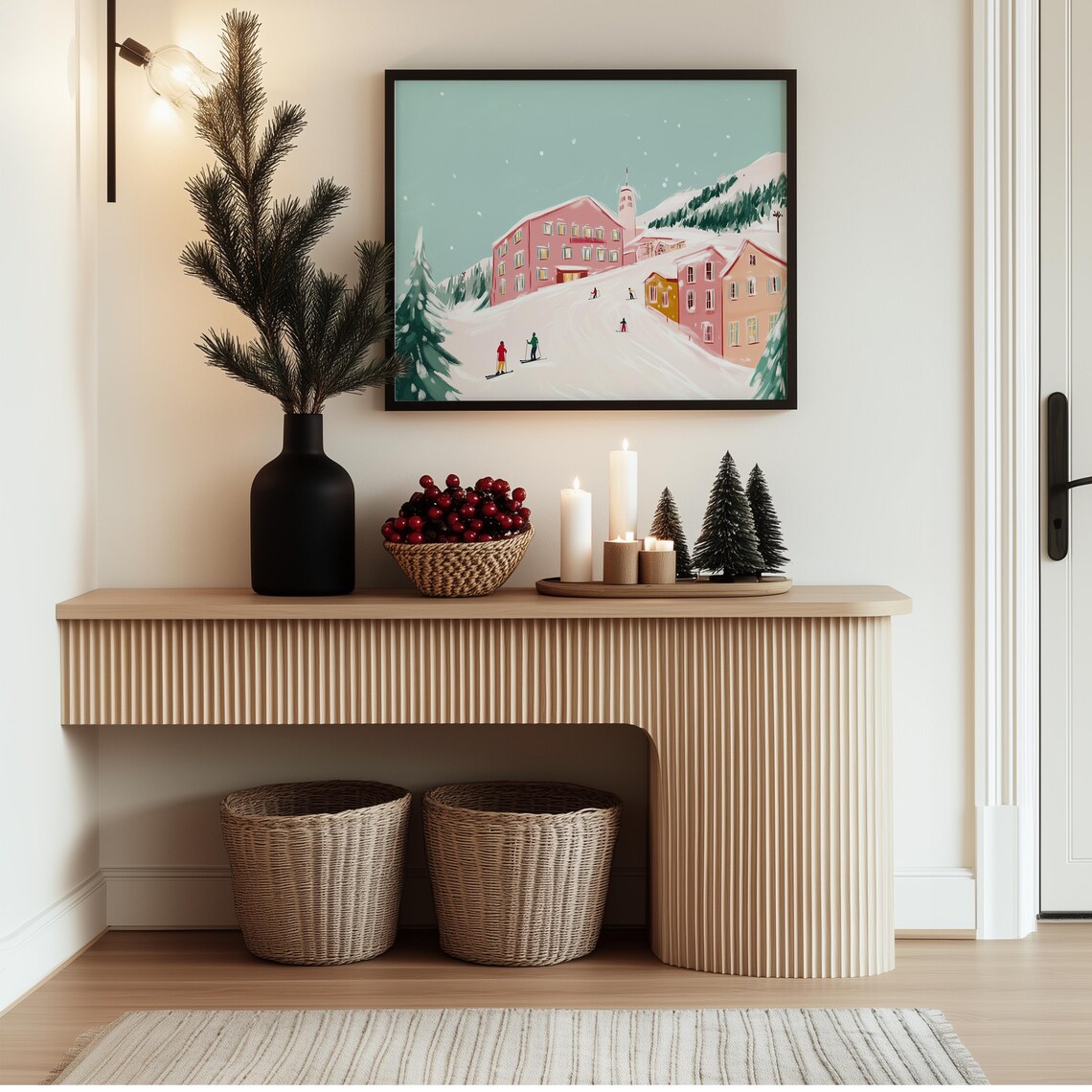 Ski Village with Colorful Chalets and Skiers Holiday Art Poster - Image 3
