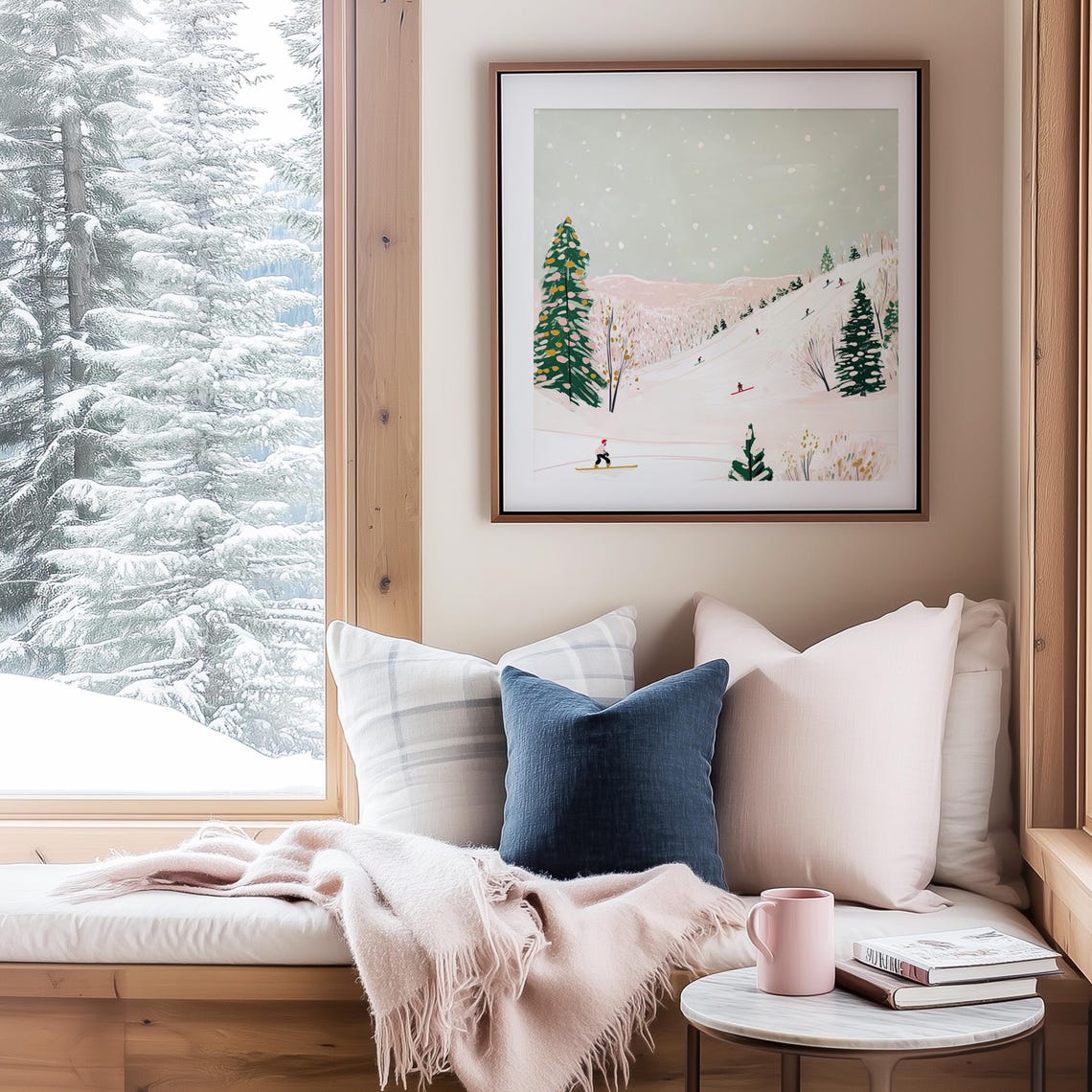 Skiers Gliding Down a Snowy Pastel Slope Winter Ski Scene Poster - Image 3