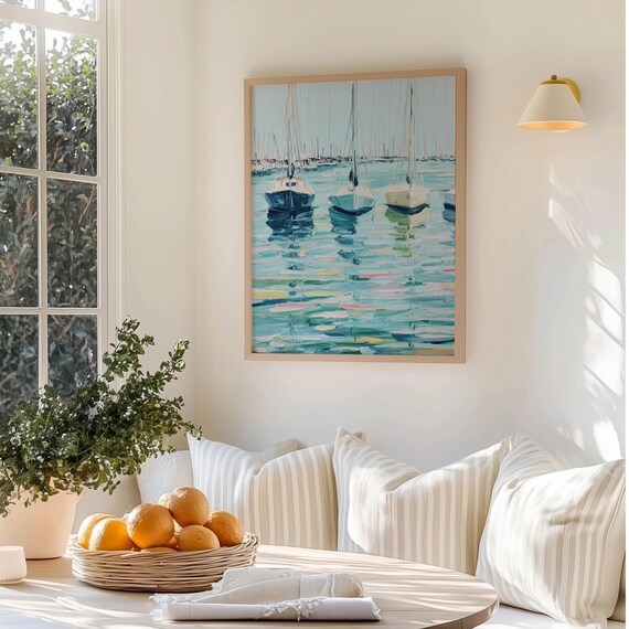 Sailboat Marina Harbor Coastal Reflections Painting Art Poster