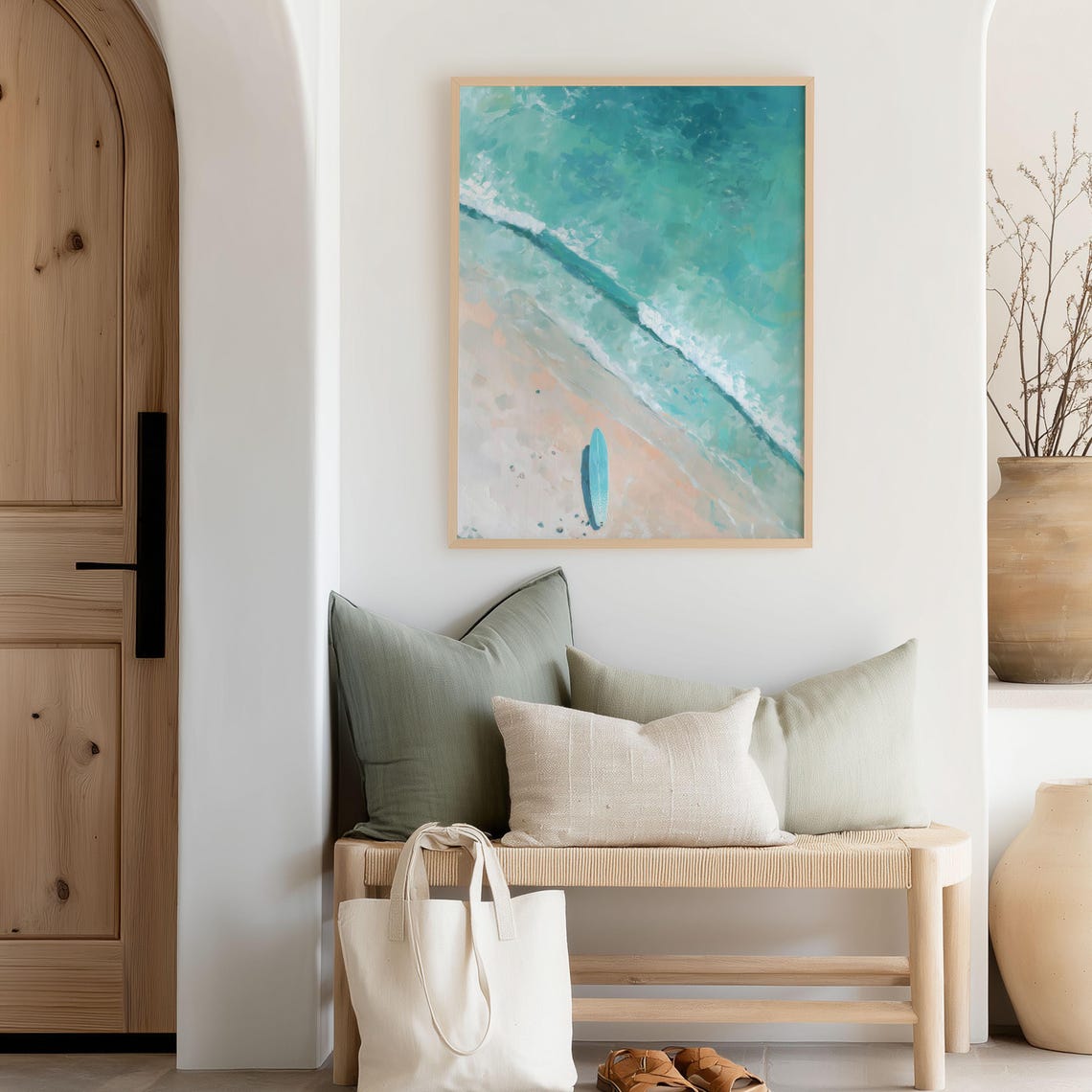 Turquoise Ocean Wave Aerial Beach Art Blue Surfboard Coastal Poster