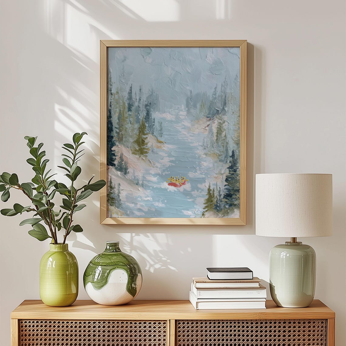 Dreamy Snowy Forest River Pink Float Soft Winter Landscape Art Poster