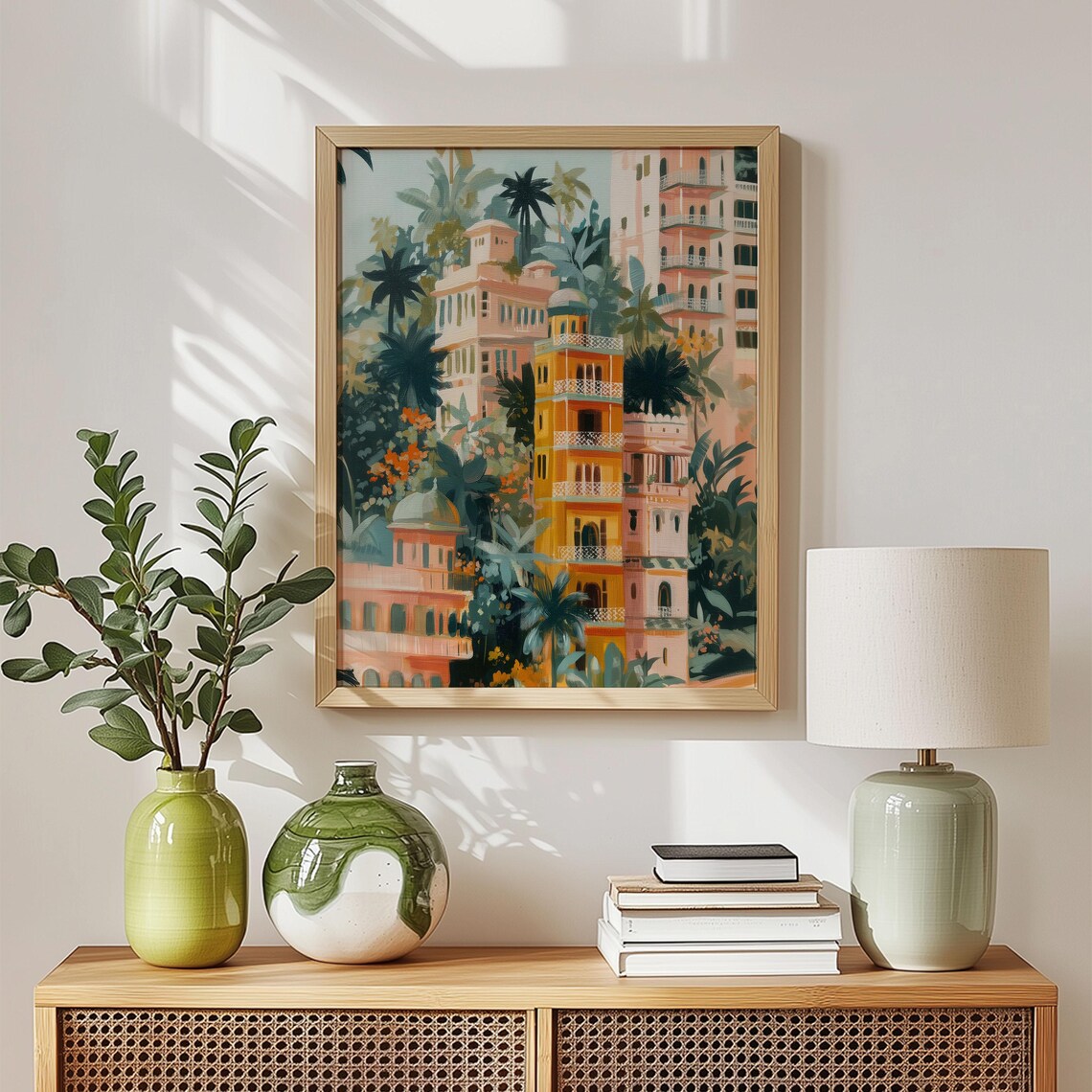 Colorful Tropical City Buildings Palms Lush Vacation Art Poster