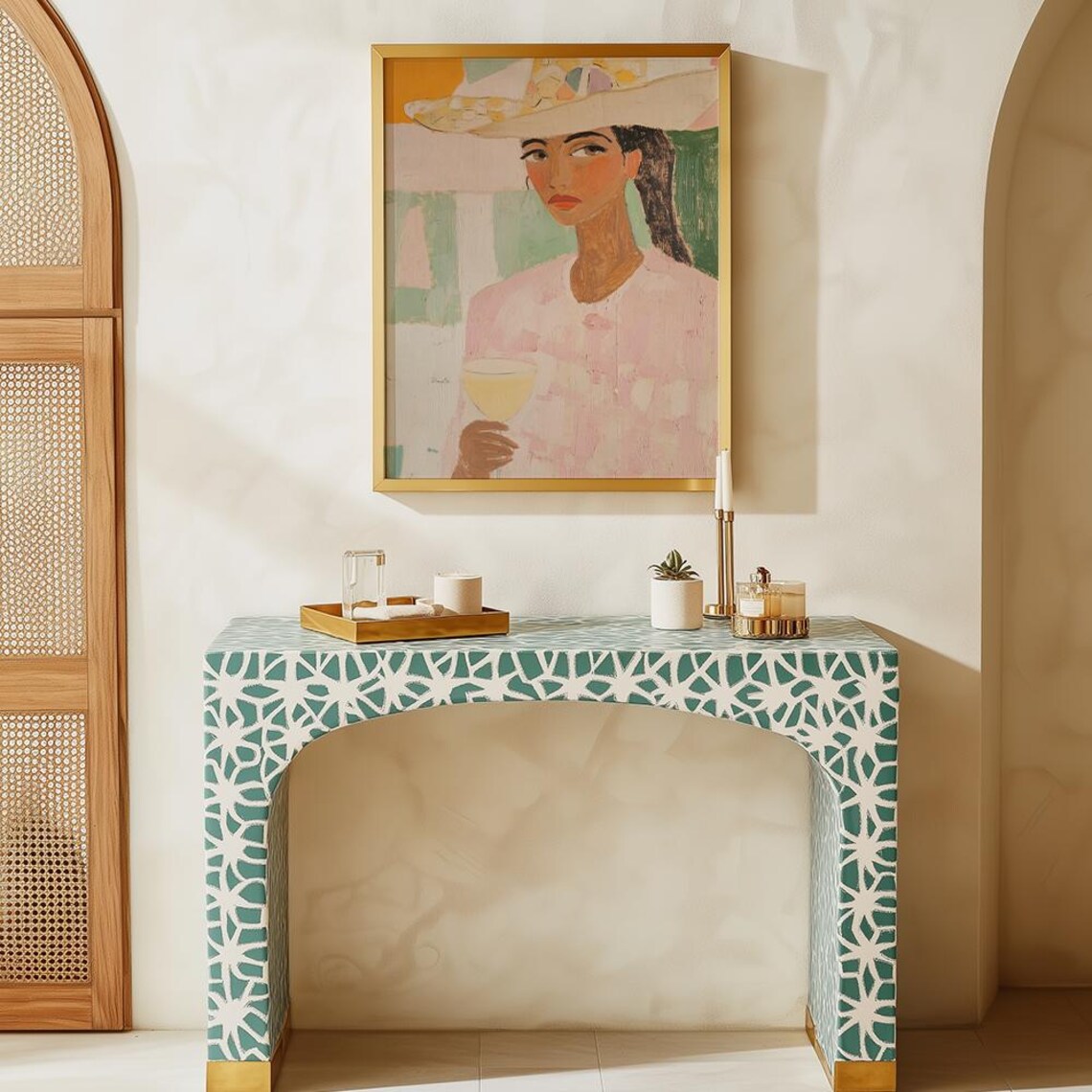 Woman in Sun Hat with Cocktail Abstract Western Portrait Poster - Image 3