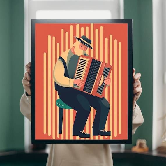 Accordion Player Retro Illustration Orange Folk Musician Art Print
