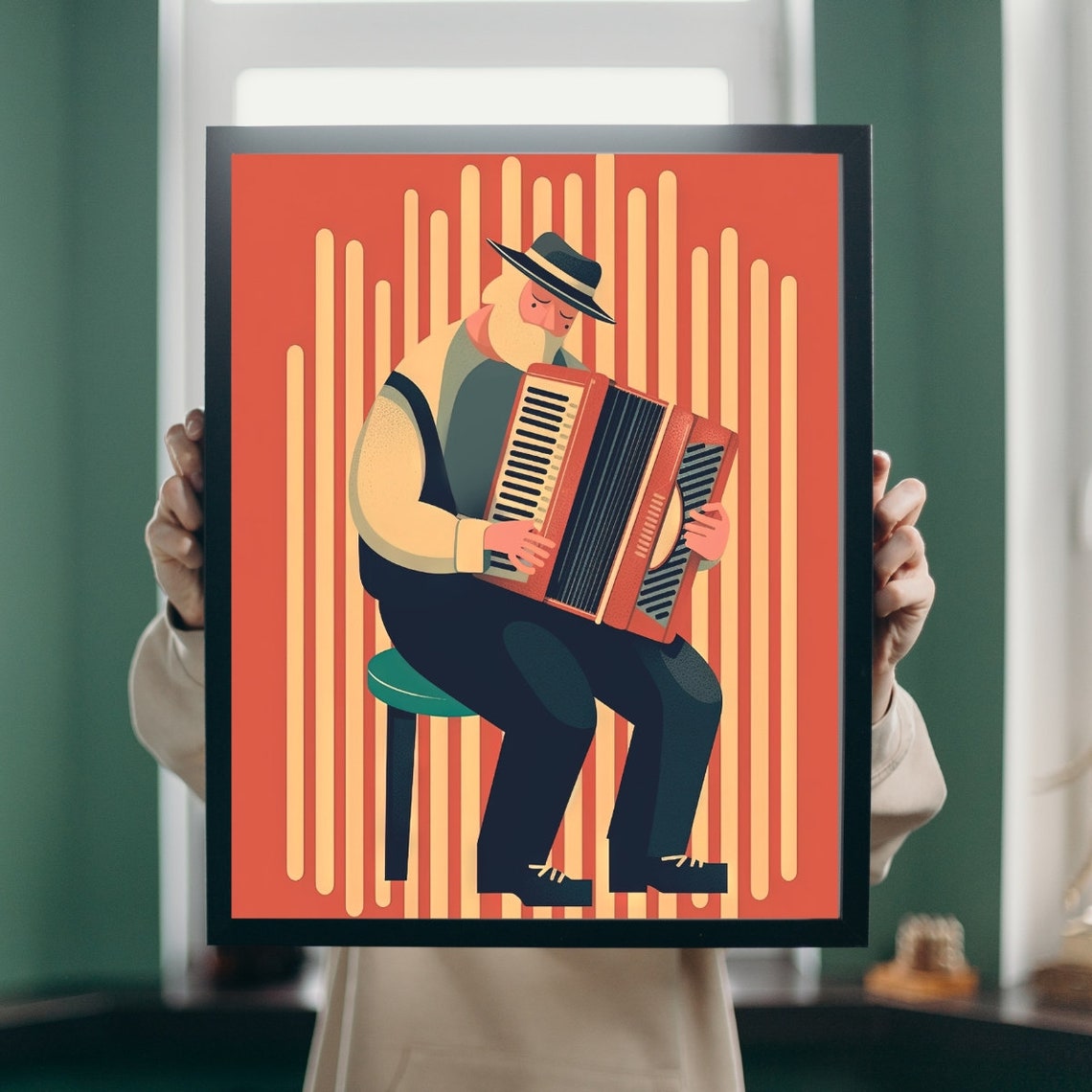 Accordion Player Retro Illustration Orange Folk Musician Art Print