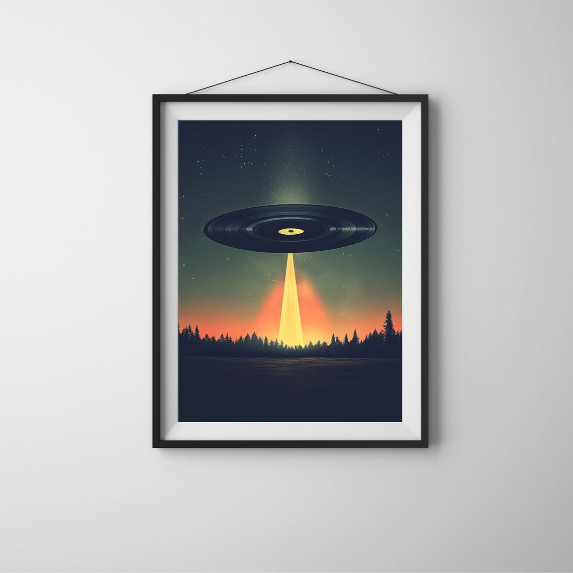 Flying Vinyl Record Over Sunset Pine Forest Surreal Art Print