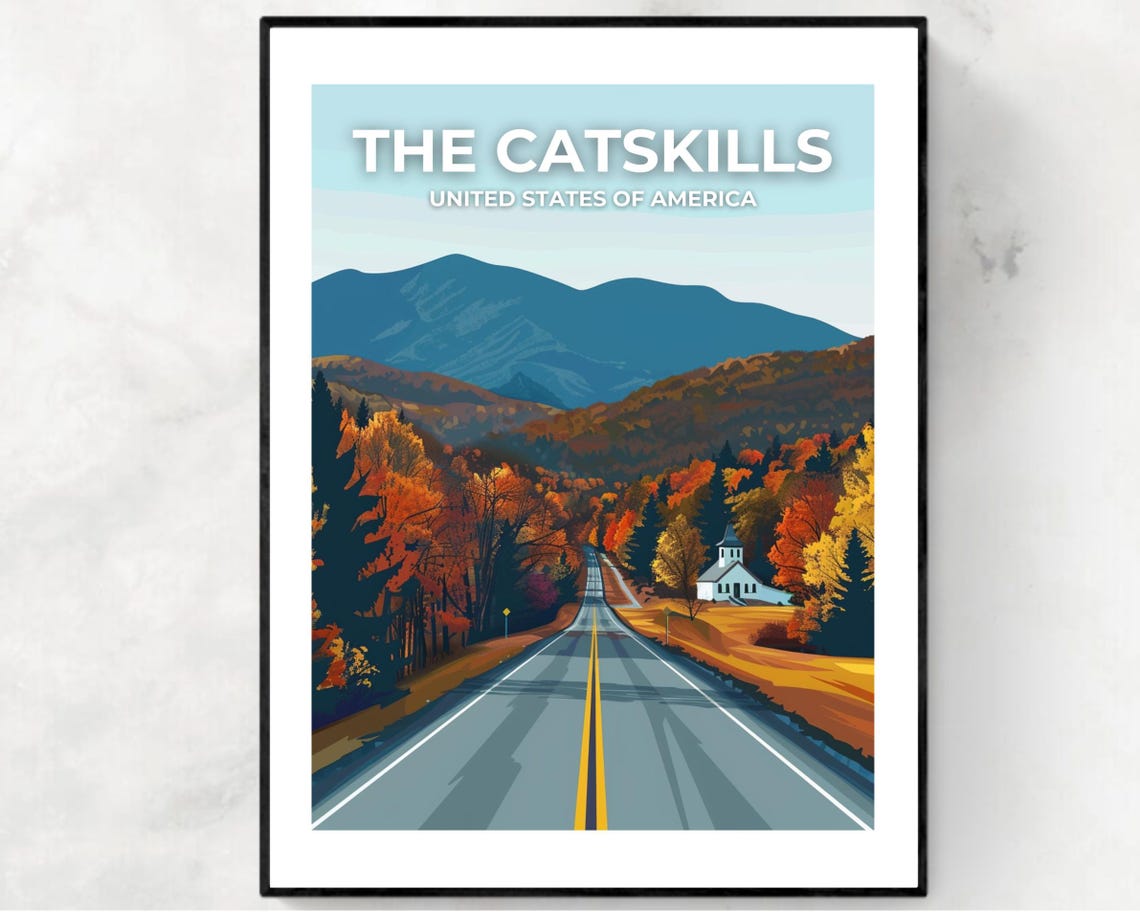 The Catskills Autumn Road Fall Foliage Mountains Poster Top Title