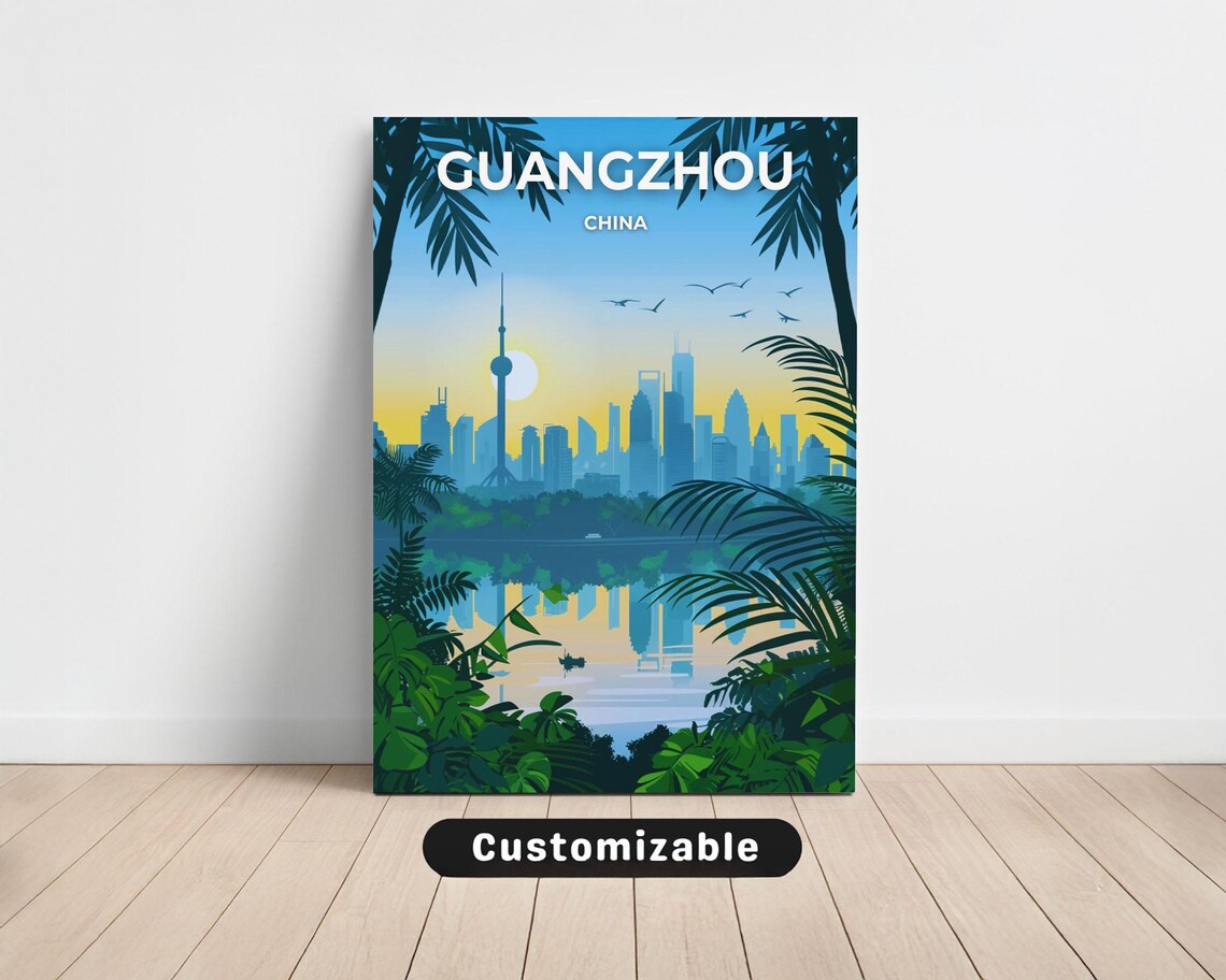 Guangzhou China Canton Tower Tropical River Skyline Travel Poster
