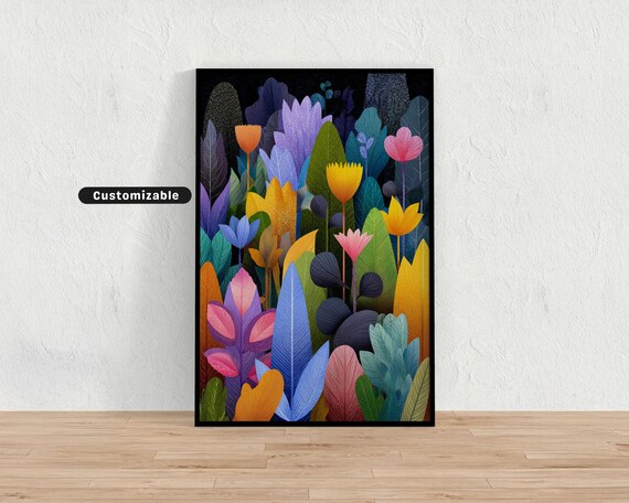Jungle Garden Full Of Layered Leaves And Graphic Floral Shapes Mediterranean Colorful Wall Art Tropical Illustration Print Modern Boho