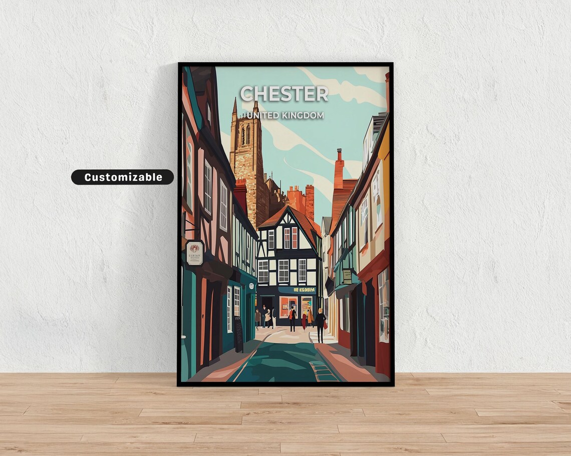 Chester United Kingdom Tudor Street Custom Vintage Travel Art Poster