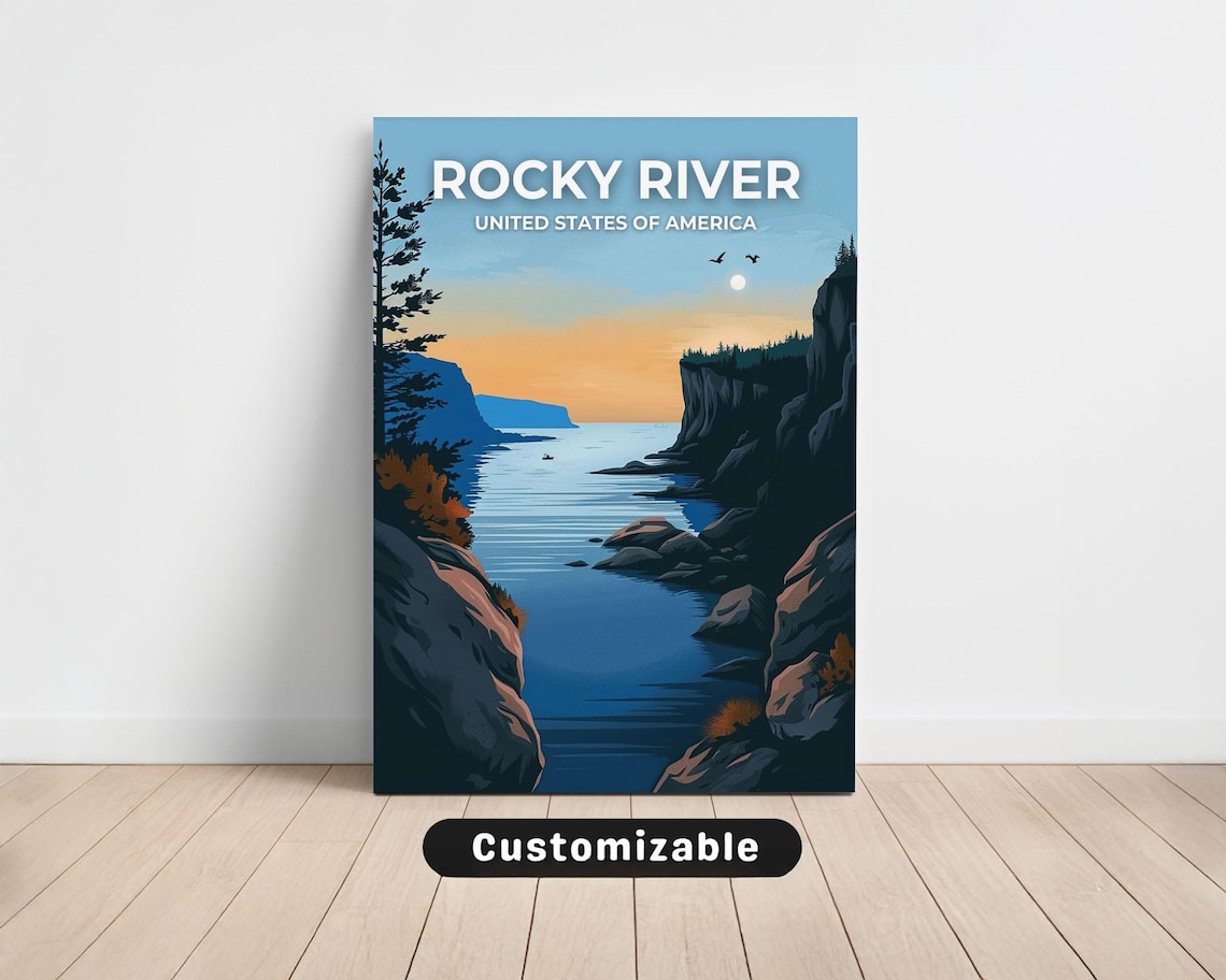Rocky River USA Sunset Coastline Vintage Travel Style Art Poster