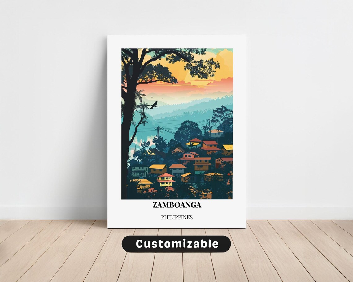 Zamboanga Philippines Sunset City Hillside Village Travel Poster