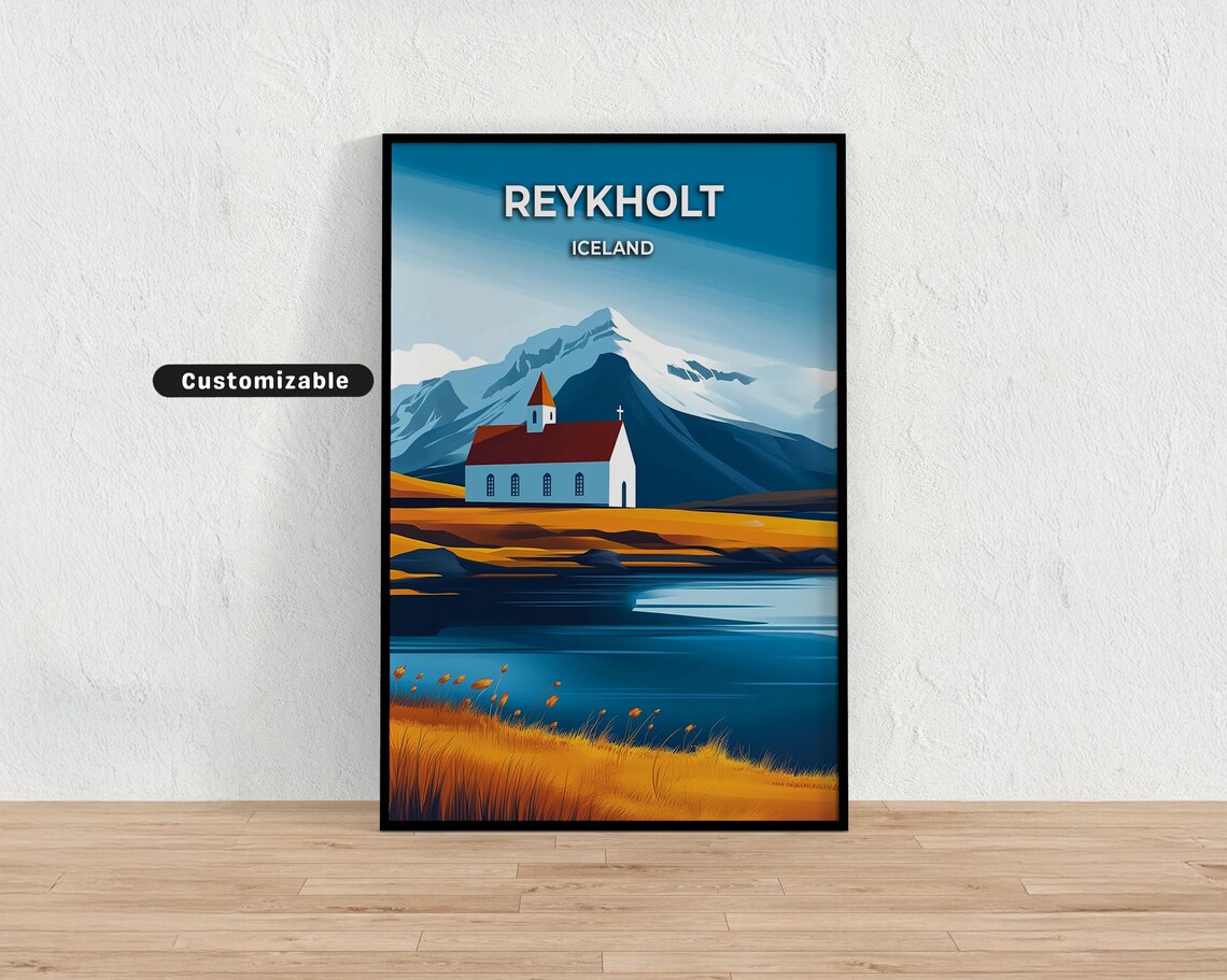 Reykholt Iceland White Church Snowy Mountain Peak Lake Travel Poster
