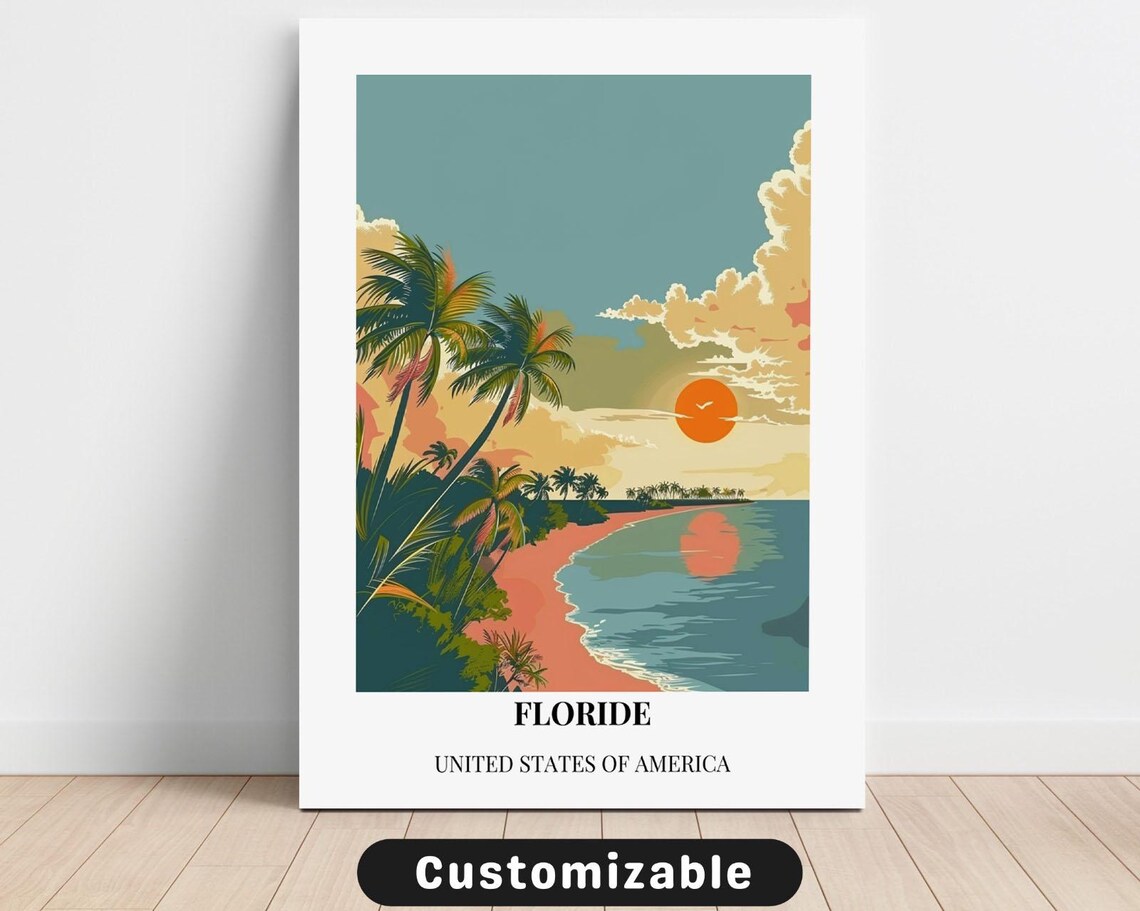 Florida Tropical Beach Sunset Palm Trees Vintage Travel Art Poster