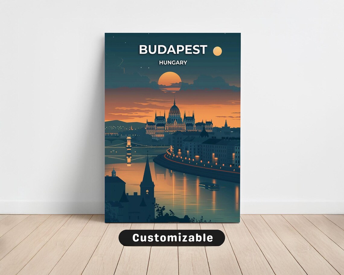 Budapest Hungary Travel Poster With Parliament At Dusk Skyline Art