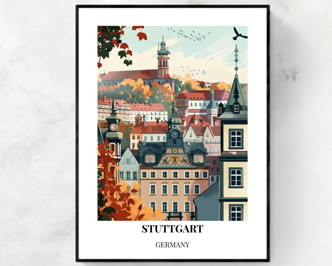 Stuttgart Germany Autumn Old Town Spires Vintage Travel Art Poster
